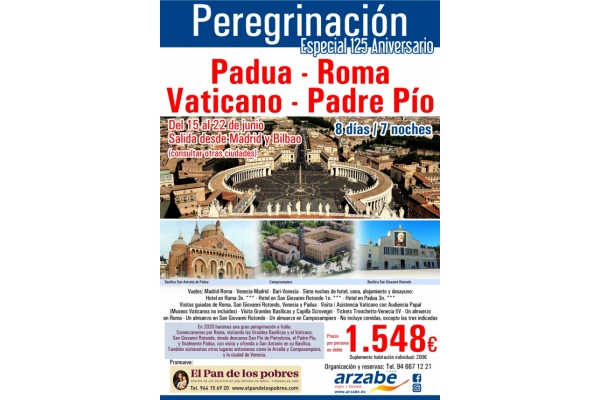 Peregrinación 2020 Roma, Venecia, San Antonio de Padua y San Pío