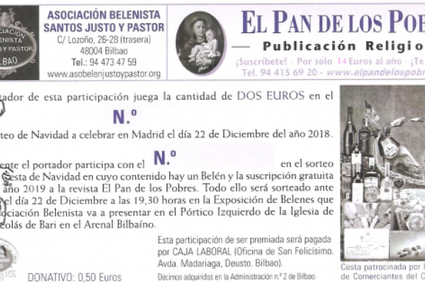 Lotería Navidad Asociación Belenista Santos justo, Pastor y El Pan de los Pobres 2018