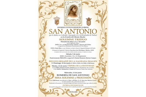 Novena y Culto en honor a San Antonio de Padua en Ceuta. Del 5 al 13 de Junio 2018