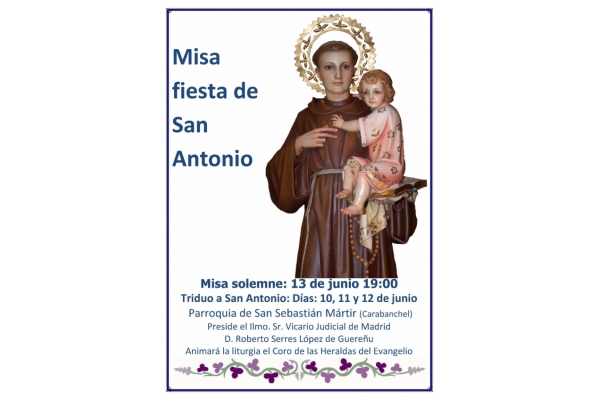 Triduo a San Antonio. Parroquia de San Sebastián Mártir. Carabanchel, Madrid. Misa Fiesta a San Antonio de Padua el 13 de Junio 2019 